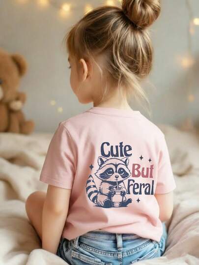 Young Girl "Cute But Raccoon" Graphic Soft & T-Shirt, Suitable For Daily And Weekend Wear, Summer