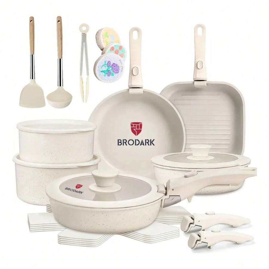 Brodark Batería De Cocina Juego De Sartenes 23 Piezas De Utensilios Antiadherentes Ollas Y Sartenes Medical Stone Con Mangos Desmontables Y Tapas De Vidrio, Compatible Con Inducción Gas Y Horno Blanco - Negro - Ver 1