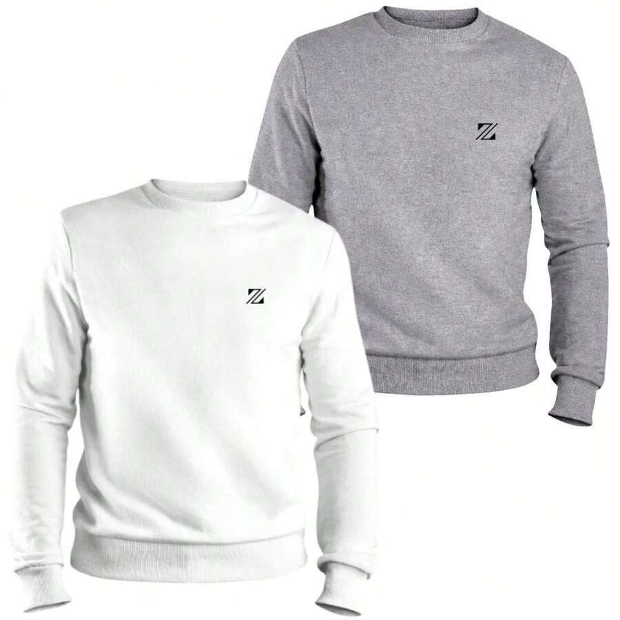 ZUKKER Set Of 2 Round Neck Sweatshirts, Unisex Cotton Jackets For Men And Women - 白/灰 - 查看 1