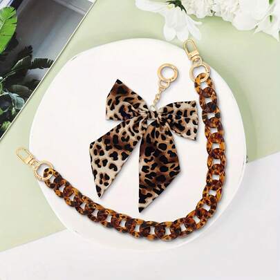 17.5 Inch Leopard Print Chunky Chain Strap, Leopard Print Handbag Charm With Bow Keychain Pendant, Large Gold Acrylic Flat Chain Decor, Detachable & Connectable Purse, Tote, Wallet Chain Accessory For Women