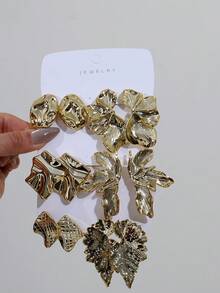 1 Pair - 6 Pairs New Popular European And American Style Earrings Irregular Texture Flower 3D Textured Leaf Exaggerated Earrings, Made Of High-Quality Lightweight Plastic, Suitable For Daily Wear, Parties, And Dates. - Gold - View 2