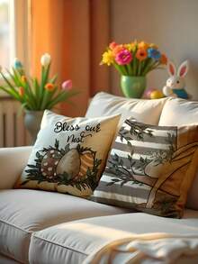 4pcs Easter Spring Pillow Cover, Colorful Eggs Rabbit Flower Print Polyester Pillow Sham, Home Decor For Bedroom, Sofa, Holiday Gift (Pillow Insert Not Included) - Multicolor - View 7