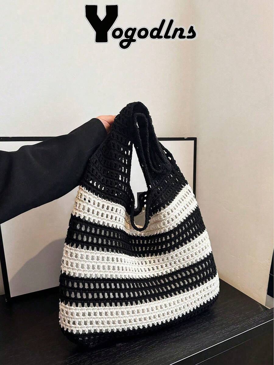 Yogodlns 2024 Nouveau grand sac fourre-tout décoratif rayé fait main, style vacances d'été sac en paille tressé à la main, sac à main tressé fait main pour femmes - Noir et Blanc - Voir 1