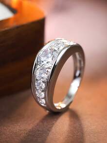 1pc S925 Silver Inlaid Shiny Moissanite Ring, Fashionable For Daily Commute, Party, Music Festival, Mother's Day Gift, Ramadan Jewelry - Silver - View 5