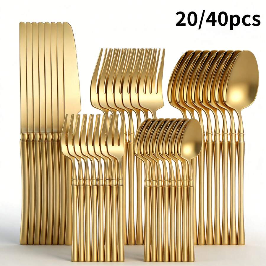 Bộ dao nĩa bằng thép không gỉ 20/40 món - Thiết kế eo độc đáo kiểu phương Tây - Bao gồm dao, nĩa, thìa, nĩa và thìa tráng miệng - Được đánh bóng như gương, an toàn với máy rửa chén, sang trọng cao cấp - Thích hợp cho gia đình, khách sạn, nhà hàng, ngoài trời, tiệc tùng - Món quà hoàn hảo cho năm mới, Ngày Valentine, Halloween, Lễ Tạ ơn, Giáng sinh - Màu bạc/vàng