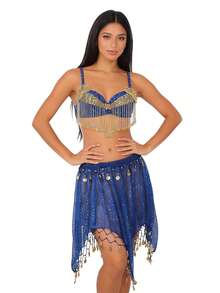 Desert Nights Fringe & Coin-Adorned Bra Top & Mesh Skirt, Exotic Sparkly Outfit For Moonlit Festivals, Arabian Themed Events And Magical Performances (Multiple Colors Available) - Multicolor - View 6