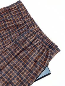 230g Retro Plaid High Waist Double-Breasted Casual Wide Leg Pants, Knit Fabric - Brown - View 5