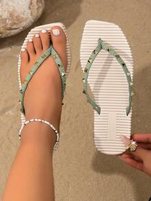 Faux Pearl Encounter Beach, Rivet Flip Flops For Lazy Summer Days - Olive Green - View 1