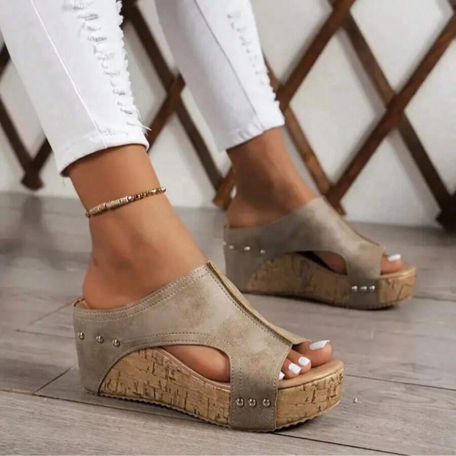 Summer Best-Selling Comfortable And Elegant Slippers, Women's Platform Sandals And Wedge Sandals Shoes / Retro Thick Sole And Waterproof Design - Women's Open Toe Side Hollow Slip-On Sandals Casual Beach Slippers, Suitable For Outdoor Activities, - 灰色 - 查看 1