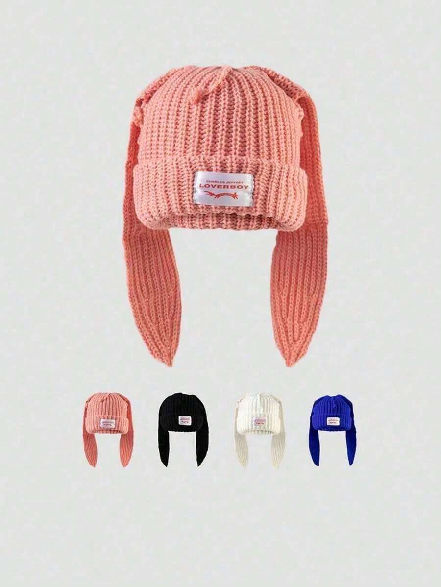 1pc/2pcs Women Adult Fashion Unique Knit Hat, New Ladies Double Layer Thick Cute Rabbit Ear Beanie With Fabric Label (Random Color Block) - 彩色 - 查看 1