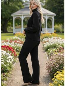 Set Of Pants And High Neck Cacharrel Mousse Knitting Tricot Blouse - Hitam - View 2