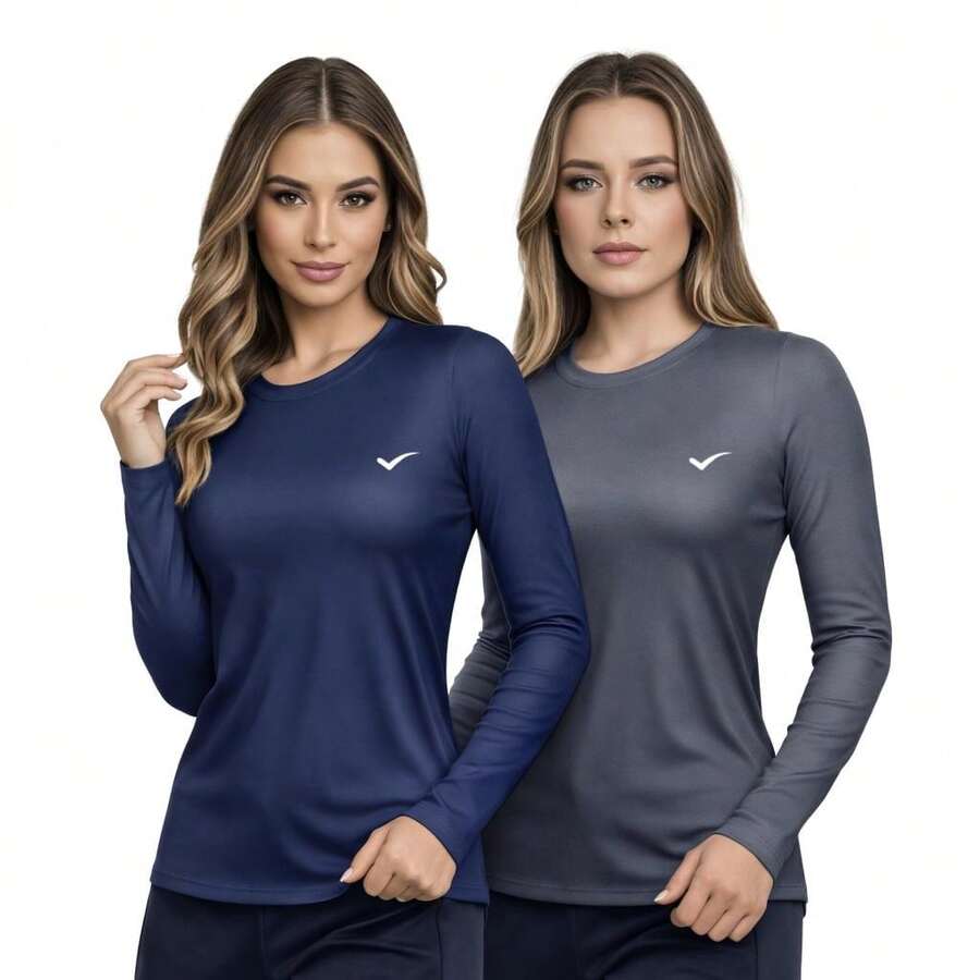 Kit Of 2 Women's Thermal Shirts With UV 50+ Sun Protection - Xanh navy và xám - Xem 1