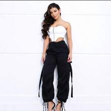 Women's Cargo Pants, Parachute Style, Foreign Fashion, Simple Fabric, Pocket, Knot, Drawstring, Daily, Night, Holiday, Birthday Party, Airport Wear - 黑色 - 查看 2