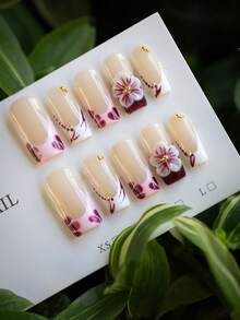 【情人节礼物】10片Y2K风格 | 紫色花朵长款按压式美甲片 | 手工法式方形美甲片 | 粉紫色渐变法式假指甲,立体花朵,金色珠饰 | 精致奢华,四季必备美甲单品 | 适合购物、派对和日常佩戴 | 送给女孩和女士的最佳礼物。 - 紫色 - 查看 3