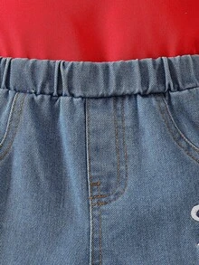 Baby Girls' Fashion Casual Cute Set, Ruffled One Shoulder Strap Top + Butterfly Embroidered Denim Shorts - Red - View 6