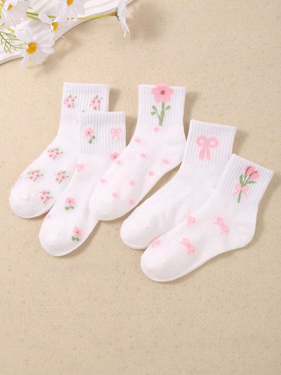 5 Pairs Random Color Bow, Polka Dot, Floral Pattern Kids Ankle Socks, Suitable For Back To School, Teens, Running, Sports, Daily Wear, Also Great For Parties, Travels, Christmas, Halloween Decoration, Warm For Autumn/Winter