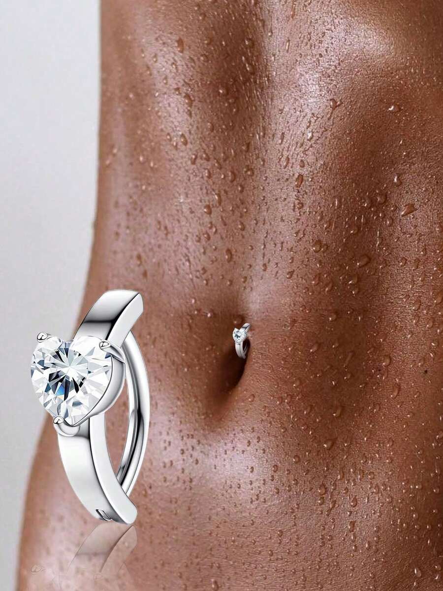 1pc 925 Sterling Silver Heart-Shaped White Cubic Zirconia Navel Ring, Navel Piercing, Navel Bar, Curved Bar, Navel Ring, Gift For Women