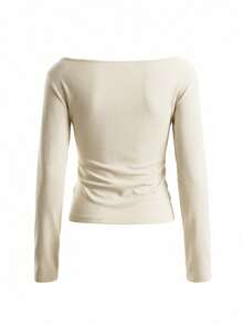 Lace Trim Fitted Long Sleeve T-Shirt For Women, Sexy Slim Fit Shoulder Cutout Top, Autumn/Winter - Apricot - View 10