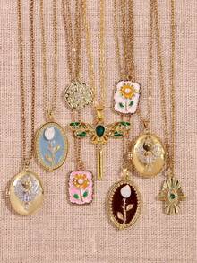 Dây chuyền mặt dây hình oval tráng men cổ điển, trang sức hình chuồn chuồn và hoa nhiều màu sắc lãng mạn, dây chuyền nhiều lớp dành cho nữ đeo hàng ngày, dự tiệc hoặc ngày lễ. - Nhiều màu - Xem 6