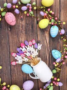 100pcs Easter Cocktail Picks, Rabbit Egg Shaped Bamboo Skewers, Rabbit Theme Appetizer Cocktail Sticks (For Appetizers, Fruits, Foods, Cakes), Wooden Long Handle Food Picks (Easter Theme Party Supplies) - Multicolor - View 4