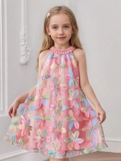Young Girl Mesh Floral Embroidered Halter Neck Loose Casual Dress, Suitable For Casual, Vacation, Outdoor, Daily Wear, Party, Banquet, Spring/Summer (Front Necklace Pearl Decoration Random 9-11pcs Due To Handmade)
