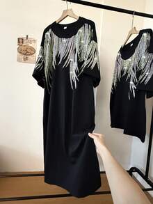 Shiny Black Plus Size Women's Midi Dress - Geometric Rhinestone Pattern Short Sleeve Loose Fit With Pockets Casual Summer Party Wear Fashionable Relaxed Style Polyester Fabric Plus Size Dress - 黑色 - 查看 3