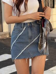 Women's Denim Mini Skirt, Fitted A-Line With Fringe Hem Decor, Casual & Versatile Everyday Wear - Blue - View 1
