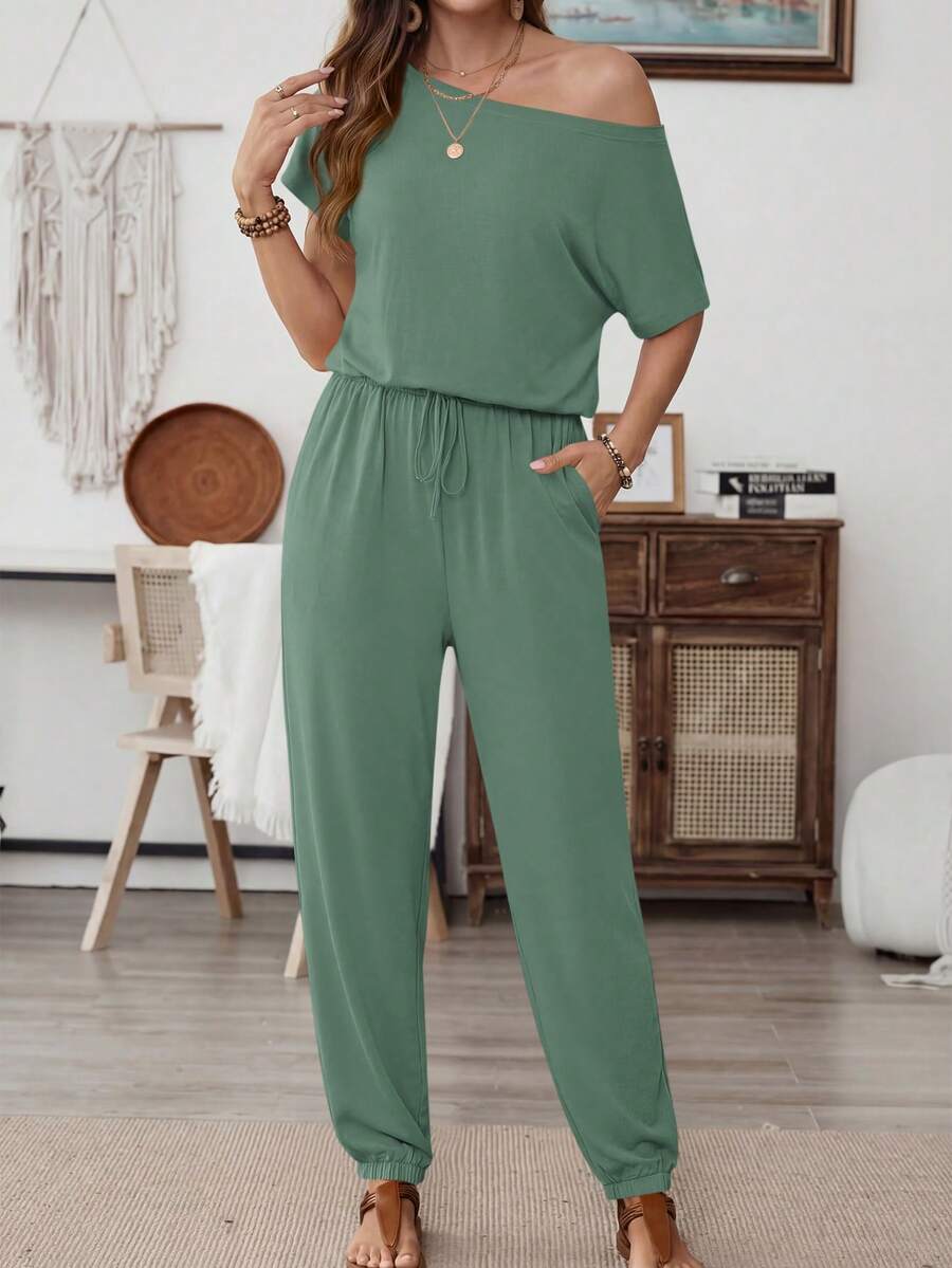 Women's Loose Solid Off Shoulder Elastic Waist Stretchy Long Romper Jumpsuit - Quả xanh - Xem 1
