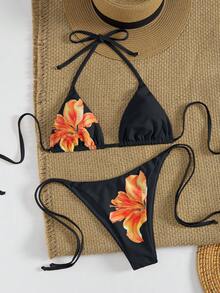 4pcs/Set Sexy Printed Triangle Neck Top And Panty Suit, Fashionable European And American Style For Women, Summer - Multicolor - View 4