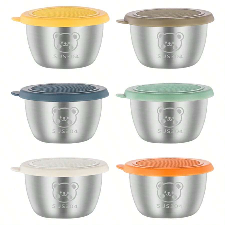 6pcs Stainless Steel Sauce Cups With Lids, Reusable Sauce Containers With Leak-Proof Plastic Covers, Salad Dressing, BBQ Sauce, Cheese Dip, Ketchup Cups Kitchen Accessories