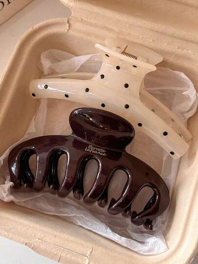 2pcs/1pc Women 4.33in/11cm Plastic Claw Hair Clips, Polka Dot, Brown & White, Elegant, Minimalist, Versatile, Suitable For Daily, Casual, Party, Commute, Beach, Ponytail, Bun, Washing Face, Makeup, Accessory Elegant Hair Claws Women Hair Claws Casual Hair Clutch Elegant Claw Clip