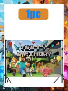 Minecraft 100*150厘米/80*120厘米/150*210厘米摄影背景布：游戏主题生日派对拍照背景。像素背景矿工生日标志、村民、游戏主题生日派对装饰。电子游戏主题装饰横幅。游戏粉丝背景图片。 - 彩色 - 查看 15