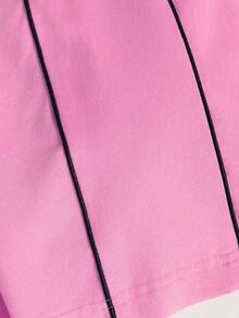 T-shirt da donna in puro cotone a coste con stampa del logo della lettera, stile preppy, nuovo abbigliamento sportivo primavera/estate, top a maniche corte morbido e traspirante con drappeggio fluido. - Fucsia - Visualizzare 7