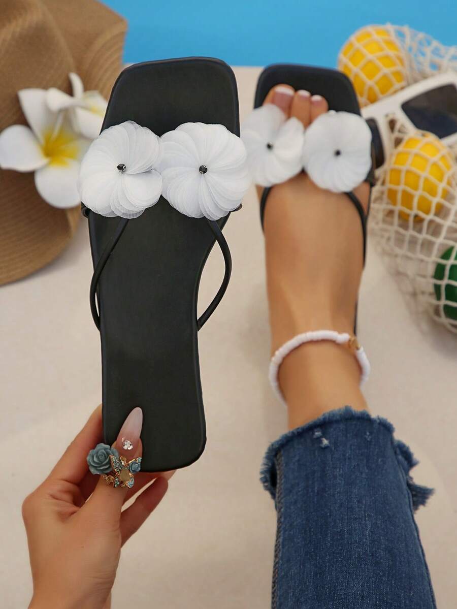 方头平底凉鞋，饰以花卉绑带，小众高端设计，时尚百搭，舒适透气，适合海滩和旅行。 - 黑色 - 查看 1