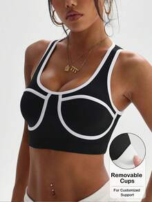 Women's Fashionable Solid Color Removable Padded Crew Neck Sleeveless Mesh Patchwork Back Sports Knit Bra - Black - View 3
