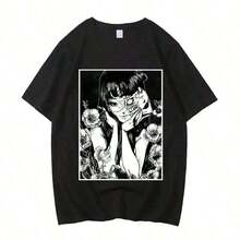 Maglietta casual da uomo con stampa alla moda, maglietta con stampa di cartoni animati di Junjis Ito Uzumaki, horror giapponese Guro, divertente, girocollo, collo tondo, comoda, con stampe divertenti di cartoni animati, adatta per abbigliamento casual e regali - nero - Visualizzare 1