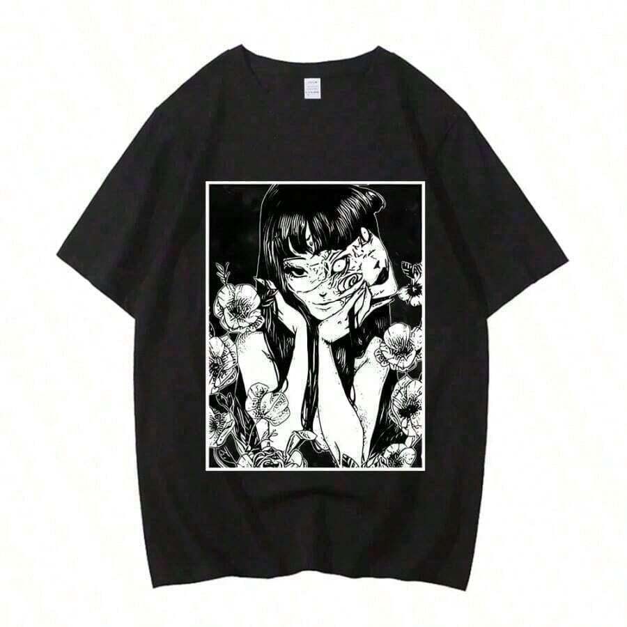 Maglietta casual da uomo con stampa alla moda, maglietta con stampa di cartoni animati di Junjis Ito Uzumaki, horror giapponese Guro, divertente, girocollo, collo tondo, comoda, con stampe divertenti di cartoni animati, adatta per abbigliamento casual e regali - nero - Visualizzare 1