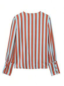 Top de mujer a rayas acanaladas | Camisa elegante con bloques de color, botones y mangas abullonadas largas para otoño & escuela en rojo - Rojo - Ver 6