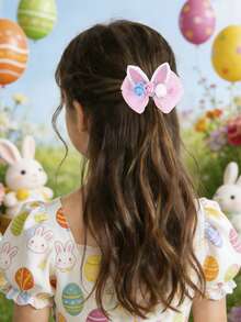 1个粉色兔子耳朵复活节发夹，女孩花朵装饰发夹，闪亮亮片鳄鱼夹，可爱甜美发卡，节日派对礼物，青少年发饰 - 粉色 - 查看 2