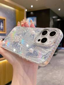 极简主义水钻镜片3D仿珍珠蝴蝶手机壳，兼容 16/15/14/13/12/11 - 銀色 - 查看 2