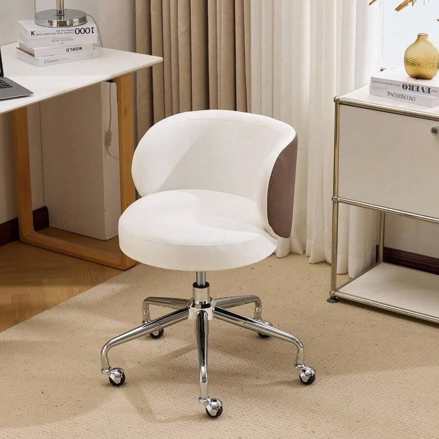 Cute Small Swivel Desk Chair Comfy With Wheels,Ergonomic Low-Back Lumbar Support Vanity Nail Tech Rolling Task Stool Chair For Home Office,Height Adjustable,PU Leather White&Suede Khaki - 白色PU和卡其色絨面革 - 查看 1