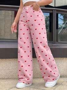 Valentine's Day Y2K Pink Heart Print Wide Leg Jeans, Women's Sweet Casual Denim Pants - Pink - View 5