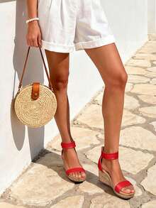 Women's Platform Wedge Sandals Open Toe Buckle Ankle Strapless Sandals Comfortable One-Strap Wood-Grain Bottom Sandals For Mother's Day Gift Summer Shoes - 紅色 - 查看 4