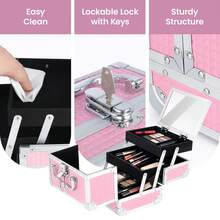 Lockable Makeup Box With Mirror, Portable Vanity Cosmetic Organiser With 2 Trays, Travel Make Up Case For Cosmetics, Jewellery & Accessories - Pink - View 4
