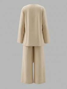 2pcs Women's Spring Casual Outfit - Loose Asymmetrical Hem Long Sleeve Top In Light Khaki And Straight Leg Pants, Suitable For Commuting And Casual Outings - Light Khaki - View 3