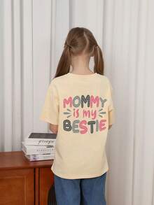 Young Girl Casual Graphic Print Crew Neck Short Sleeve T-Shirt, Summer Top - Apricot - View 2