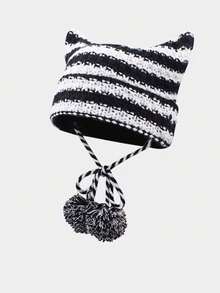 1pc Cute Black & White Striped Cat Ear Knit Beanie Hat, Warm For Women In Autumn/Winter, Y2K Style - Multicolor - View 9