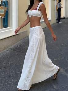 Women 2 Piece Cover Up Set Tie-Up Cami Tops And Patchwork Lace Low Rise Long Skirt For Beach Party - White - View 7