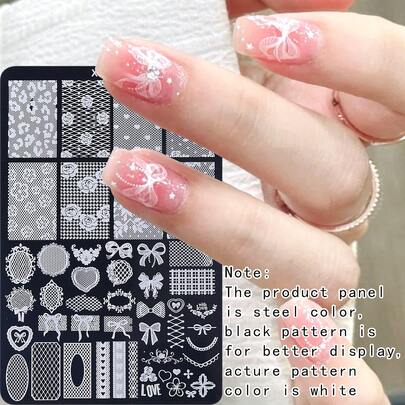 1 khuôn dập móng tay hình nơ ren thanh lịch, tấm ép nhiệt móng tay bằng thép không gỉ chất lượng cao - Khuôn dập móng tay họa tiết ren Pháp, hoa văn, dụng cụ làm móng chuyên nghiệp cho thiết kế móng tay quyến rũ.