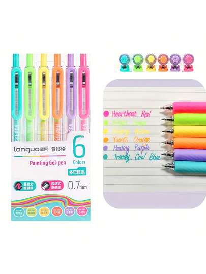 6 PCS Colored Gel Pens, Retractable Colorful Pens, 0.7mm Medium Point, Fluorescent Color, Writing Pen, Suitable For Professional Art Drawing, Illustration, Journal Making, Note Taking, School Supplies